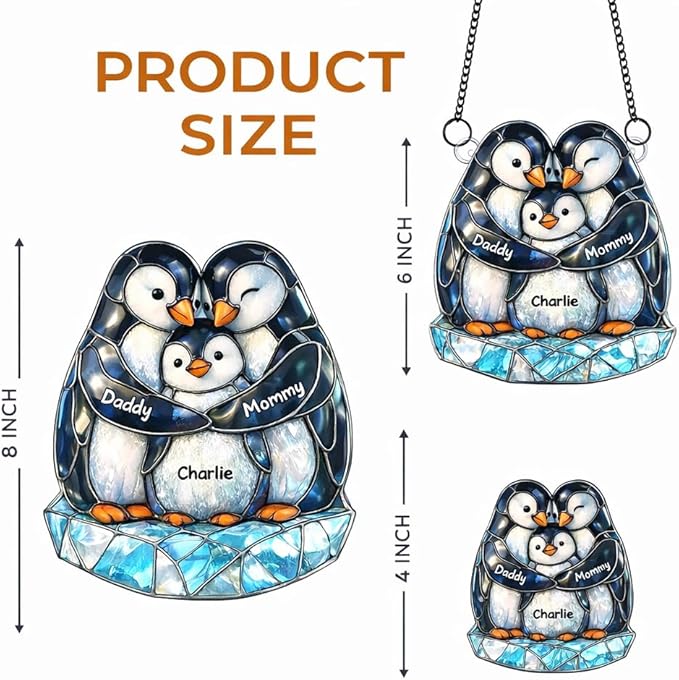 Personalized Penguin Family Acrylic Sun Catcher Ornament Gift for Grandma Mom Dad Grandpa, Custom Kids Names Window Decor, Mothers Day Birthday Gifts for Mimi Nana Papa from Grandkids