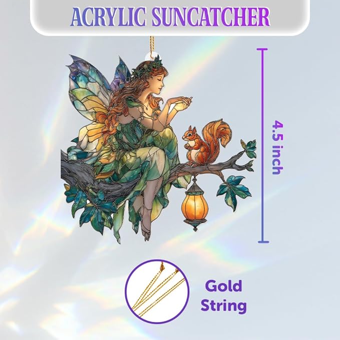 Fairy Ornament Acrylic Suncatcher – Stained Glass Style Fairy Sitting on Branch with Squirrel & Lantern, Fantasy Window Hanging Decor, Enchanted Forest Ornament, for Women (Sun-33)