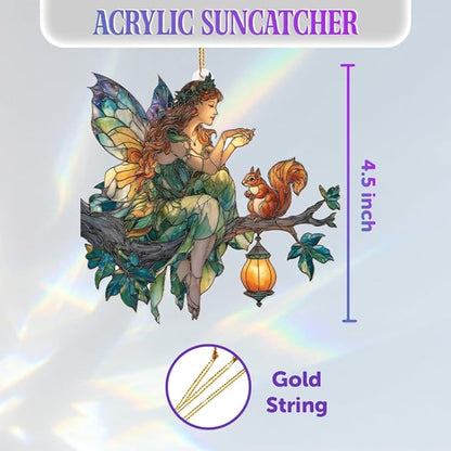 Fairy Ornament Acrylic Suncatcher – Stained Glass Style Fairy Sitting on Branch with Squirrel & Lantern, Fantasy Window Hanging Decor, Enchanted Forest Ornament, for Women (Sun-33)