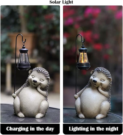 Solar Garden Statue, Cute Resin Animal Figurine with Solar Lantern Outdoor Decor for Patio Lawn Yard Pathway, Unique Housewarming Birthday Gift for Mom and Grandma (Hedgehog)