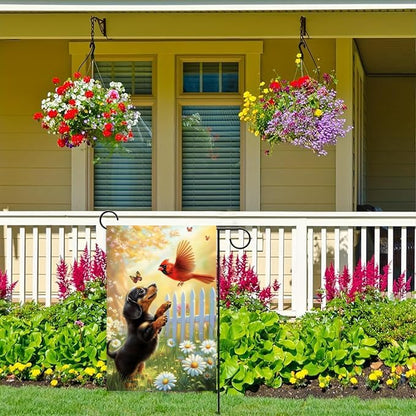 Spring Summer Garden Flags for Outside 12x18 Double Sided, Small Burlap Black Dachshund Dog Cardinal Floral Garden Flag Spring Summer Outdoor Yard Decorations