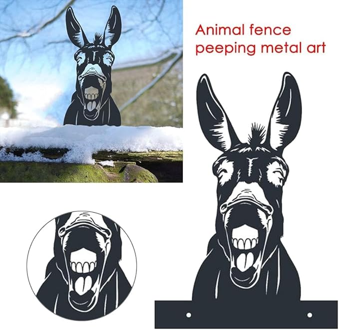 Outdoor Metal Art Funny Peeping Animal Statue Stakes Fence Landscape for Yard Garden Decor Animal Silhouette Ornaments (Donkey)