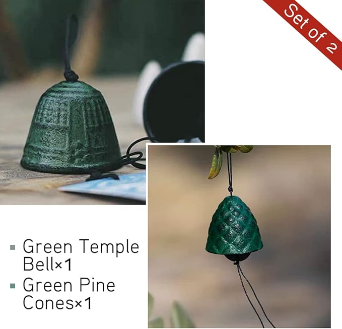 Set of 2, Japanese Lucky Small Wind Chimes Outdoor, Iwachu Cast Iron Temple Wind Bell Memorial Wind Chimes for Outside or Indoor Good Luck for Garden, Patio, Balcony(Green and Yellow Leaf)