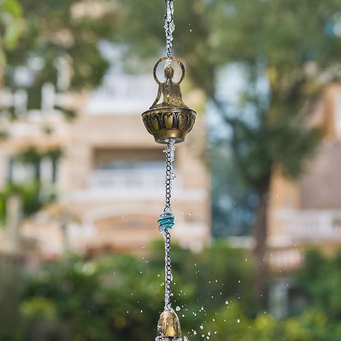 10.5ft Rain Chain for Outside, Rain Chain with 10 Buddha Cups, Adjustable Rain Catcher Chain for Outside, Replacement Downspout for Gutters, Eaves, Drainage