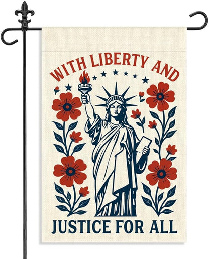 With Liberty and Justice for All Garden Flag, 12 x 18 Inch Double Sided Statue of Liberty Floral Outdoor Garden Patio Decor, Patriotic Yard Banner for Justice Advocate 4th of July Party Host