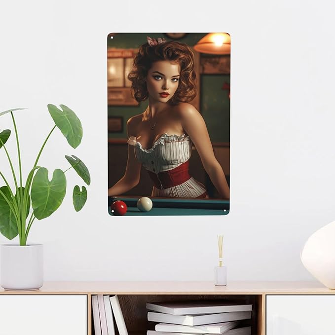 Cafemira Vintage tin sign,sexy woman &pool table,Metal sign,Home Art wall decor plaque,for living room,club,man cave,Yard,Garden,Patio,indoor outdoor decorative poster,easy to hang.8x12inch
