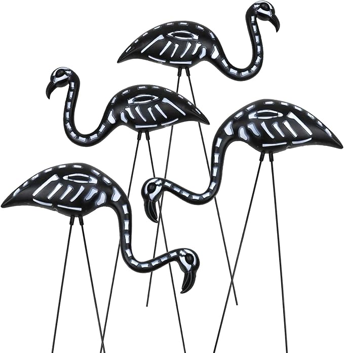 GiftExpress 4-Pack Small Halloween Black Flamingo Skeleton, Zombie Flamingos, Skull Flamingo with Stakes for Halloween Lawn Ornaments, Spooky Graveyard Decorations