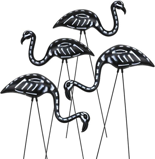 GiftExpress 4-Pack Small Halloween Black Flamingo Skeleton, Zombie Flamingos, Skull Flamingo with Stakes for Halloween Lawn Ornaments, Spooky Graveyard Decorations
