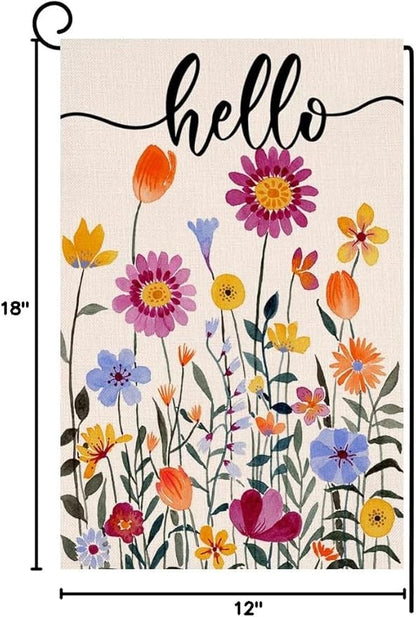 Hello Spring Floral Garden Flag 12x18 Vertical Double Sided Colorful Flowers Summer Farmhouse Holiday Outside Decorations Burlap Yard Flag BW257