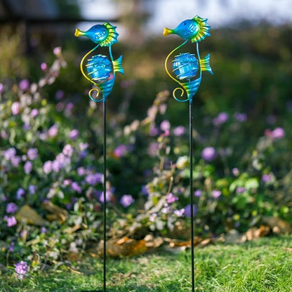 Solar Lights Outdoor 2 Pack, Metal Garden Decorative Stake Solar Lights Blue Seahorse Decor for Garden, Pathway, Lawn, Patio, Yard