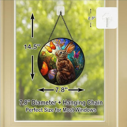 Stained Glass Window Hanging - Rabbit with Butterflies and Leaves Sun Catchers Indoor Stained Glass Panels Wall Decor for Mom,Wife,Lovers,Festive