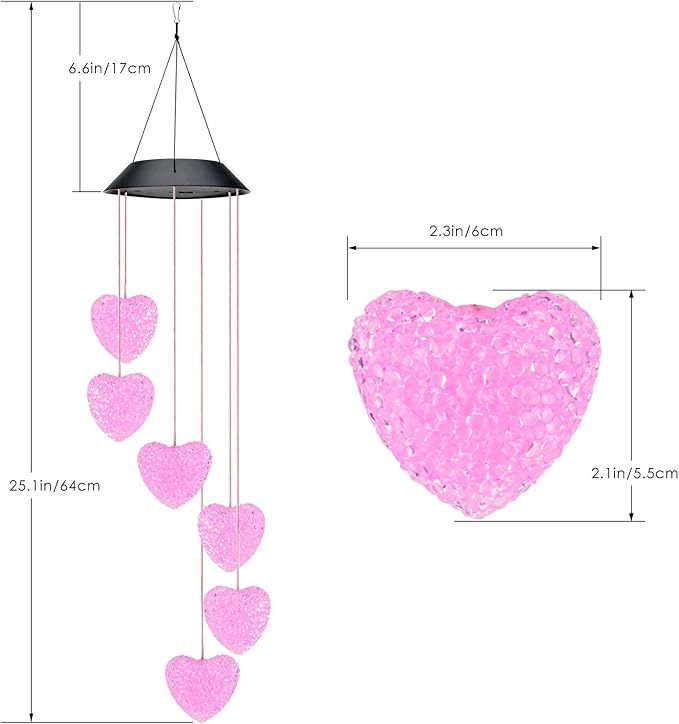 PACETAP Heart Solar Wind Chimes Outdoor Decorations, Valentine's Day Waterproof LED Color Changing Lights, Outside Yard Mobile Wind Chime Decor for Mom Grandma Women Wife Sister