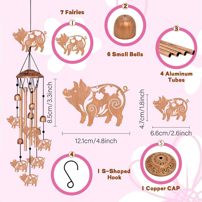 Metal Wind Chimes for Outside, Pig Style Hanging Waterproof Aluminum Windchimes with Hook for Outdoor Garden Patio Porch Decor, 33“ Memorial Wind Chimes Friendship Gifts for Women