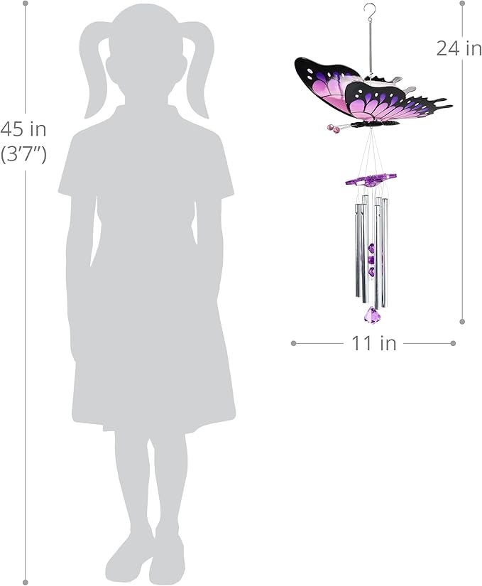Exhart Wind Chimes, WindyWings Large Purple Butterfly Wind Chime with Fluttering Wings, Outdoor Plastic and Metal Lawn and Yard Decoration, 11 x 9.5 x 24 Inch