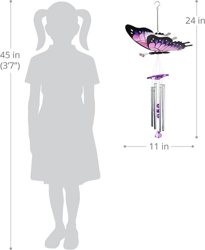 Exhart Wind Chimes, WindyWings Large Purple Butterfly Wind Chime with Fluttering Wings, Outdoor Plastic and Metal Lawn and Yard Decoration, 11 x 9.5 x 24 Inch