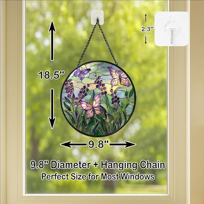 Purple Berries and Butterflies Stained Glass Window Hanging Panel – 9.8in Floral Nature Suncatcher Wall Art for Home Window Decor and Gift