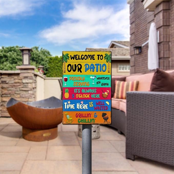 Welcome To Our Patio Signs Proudly Serving Whatever You Bring Rustic Aluminum Metal Sign for Porch Plaque Outdoor Decor 8 x 12 inch