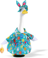 Easter Outfit for Porch Goose, Bunny Ear Hat with Easter Egg, Blue Dress Fit 17-23 Inch Goose Decoration, Holiday Costume for Front Porch Lawn Garden