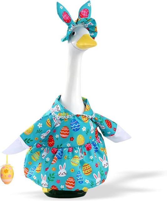 Easter Outfit for Porch Goose, Bunny Ear Hat with Easter Egg, Blue Dress Fit 17-23 Inch Goose Decoration, Holiday Costume for Front Porch Lawn Garden