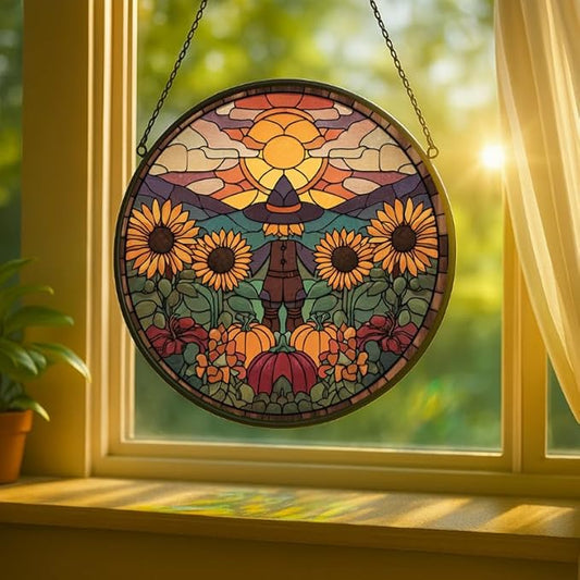 Stained Glass Window Hanging Scarecrow Sunflower and Pumpkin Sun Catchers Panel for Indoor Decorative Display for Mom, Wife, Lovers, Festive