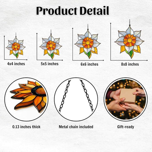 Narcissus Mosaic Style Acrylic Suncatcher Stained Glass Effect Window Car Hanging Christmas Ornament Indoor Outdoor Decor Garden Sun Catcher Panel for Floral Lover for Women Mom Grandma