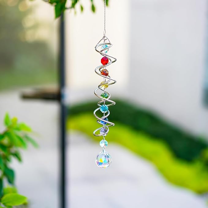 H&D HYALINE & DORA 20.5" Gazing Ball Spiral Tail Decorative Wind Spinners 1.18" Crystal Glass Ball Unique Gift Hanging Decor for Indoor Outdoor Garden Decoration (AB)