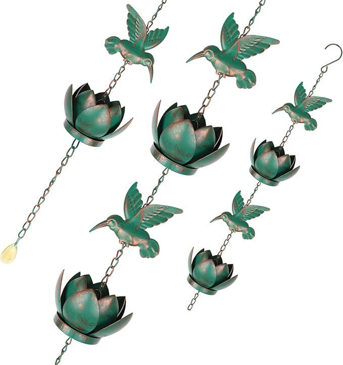 BigKing 7.87FT Lotus and Hummingbird Rain Chains for Gutters - Metal Rain Chains with 6 Cups, Rain Catcher Chain for Outside, Replacement Downspout for Gutters, Eaves, Drainage