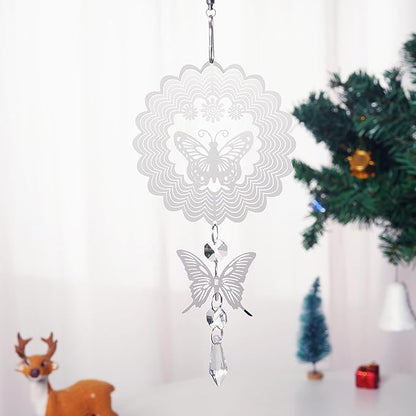 LONGSHENG - SINCE 2001 - Rainbow Maker Crystal Sun Catcher Wind Spinner for Indoor Outdoor Hanging Decor, with Silver Butterfly and Hook Decorative for Window Home Garden Birthday Gift