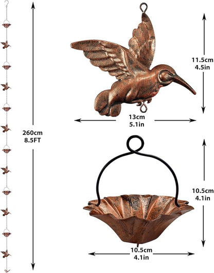 8.5Ft Copper Rain Chains for Gutters, Lotus Rain Catcher Chain for Gutters Outside with Adapter, Hummingbird and Cup Rain Chains for Gutters, Metal Rainwater Catcher Chain