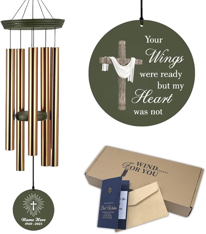 Personalized Wind Chimes, Custom Name Sympathy Jesus God Gifts, 36inch Memorial Wind Chime, Loving Memory Cross Wind Chime, Loss of Loved Dad/Mom for Funeral (Produced in USA)