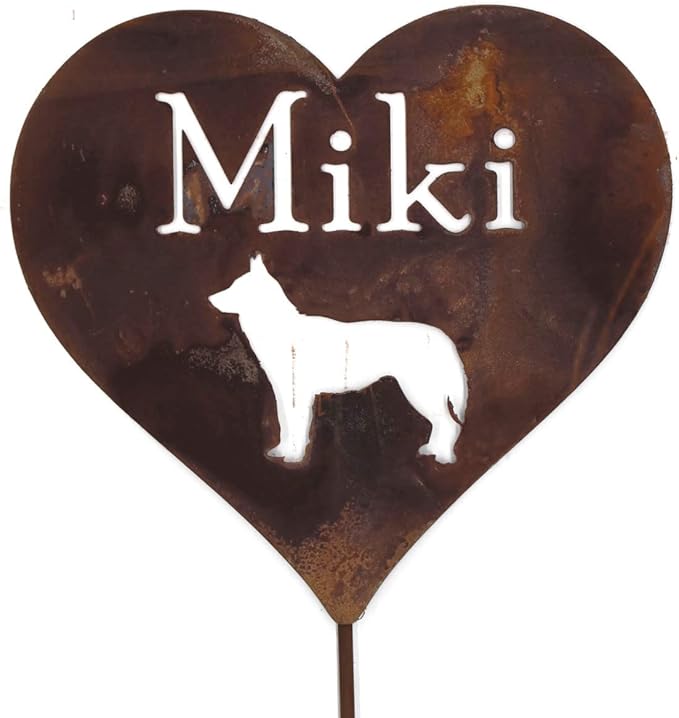 Classic Metal Garden Markers Clearance Items 20 to 33 Inches Tall (Miki husky in heart shape 23", Naturally Rusted)