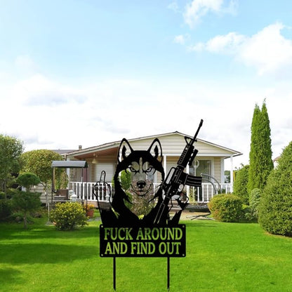 F Around & Find Out Dog Sentry Metal Dogs Silhouette Garden Stake with Middle Finger &Weapon Sign, FAFO Security Sign Middle Finger Dog Statue Decor for Outdoor Yard Patio (Husky, 8 * 16")