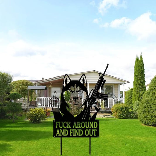 F Around & Find Out Dog Sentry Metal Dogs Silhouette Garden Stake with Middle Finger &Weapon Sign, FAFO Security Sign Middle Finger Dog Statue Decor for Outdoor Yard Patio (Husky, 6 * 12")
