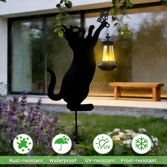 Lily's Home Black Cat Garden Decor with Solar Light Lantern - Outdoor Solar Lights for Pathway & Patio - Durable Waterproof Metal - Yard & Patio Decor - Unique Gift for Cat Lovers - 23’’ Tall