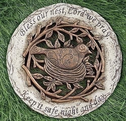 Roman Exclusive Terrace Garden Stone with a Bird in Nest and Verse, 12.2-Inch, 2-Tone Dolomite/Resin