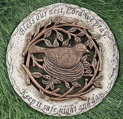 Roman Exclusive Terrace Garden Stone with a Bird in Nest and Verse, 12.2-Inch, 2-Tone Dolomite/Resin