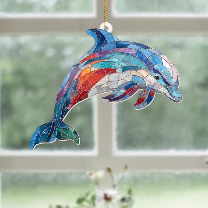 Dolphin Stained Glass Ornament, Ocean Marine Life Window Hanging Suncatcher Acrylic Decor, Nautical Animal Ornament for Home, Car Mirror, Beach House, Collectible Gift for Dolphin Lovers(Sun-08)