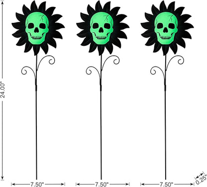 Glitzhome Set of 3 Glow in Dark Halloween Sunflower Skulls Metal Yard Stake, 24" Metal Yard Sign or Wall Decor for Outdoor