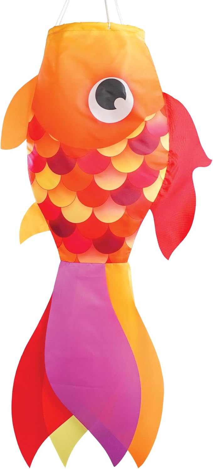 In the Breeze 5221 — 30-inch Hot Damsel Fish Windsock — Colorful Orange and Red Fishsock Hanging Garden Décor with Detailed Printed Graphics