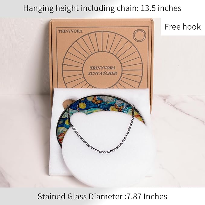 Sunflower Starry Sky Stained Glass Window Hanging,7.87inch Sun Catchers Glass Panel with Chain, Ornament for Home, Garden, Christmas, Mother’s Day, Housewarming Gifts for New Home, Festival Gift