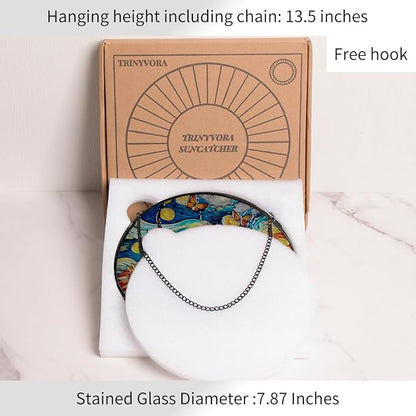 Sunflower Starry Sky Stained Glass Window Hanging,7.87inch Sun Catchers Glass Panel with Chain, Ornament for Home, Garden, Christmas, Mother’s Day, Housewarming Gifts for New Home, Festival Gift