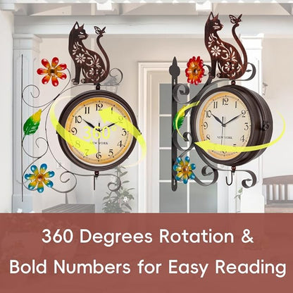 Vintage Double Sided Wall Clock with Metal Frame Antique Cat Wall Clock for Outdoor, Silent no-Ticking Watches & 360 Degree Rotate, Decorative Art Decor for Patio Living Room Restaurants