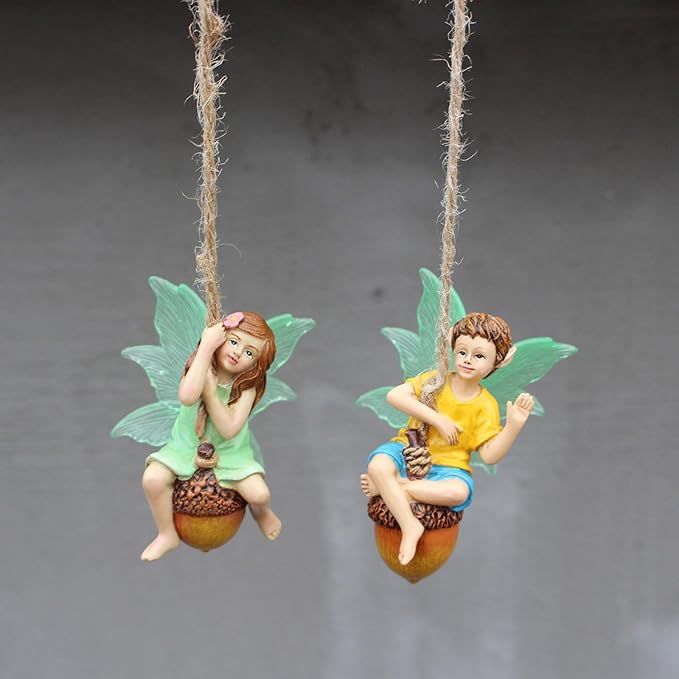 2PCS Hanging Fairies Garden Statue Decoration Boy & Girl Figurines Sitting on an Acorn with Luminous Wings Resin Micro Landscape Ornaments for Outdoor Farmhouse Patio Yard Tree Decor (D)