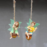 2PCS Hanging Fairies Garden Statue Decoration Boy & Girl Figurines Sitting on an Acorn with Luminous Wings Resin Micro Landscape Ornaments for Outdoor Farmhouse Patio Yard Tree Decor (D)