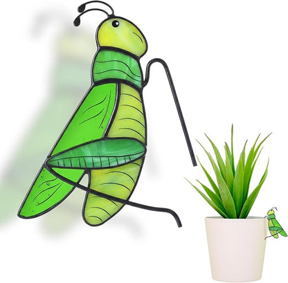 Geelin 1 Pcs Stained Glass Grasshopper Suncatcher Flower Pot Decoration Metal Plant Pot Hangers Colorful Garden Yard Suncatcher Decor for Spring Home Indoor Outdoor Decor(Green)
