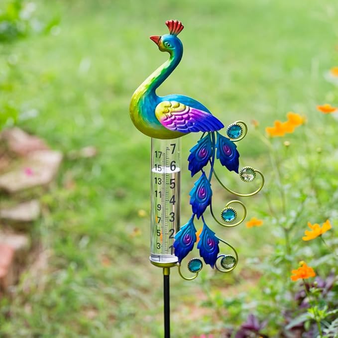 Peacock Rain Gauge Outdoor 36.6" Solar Powered Large Rain Gauges Freeze Proof Water Gauge with Metal Stakes Decorative for Garden,Lawns,Patio