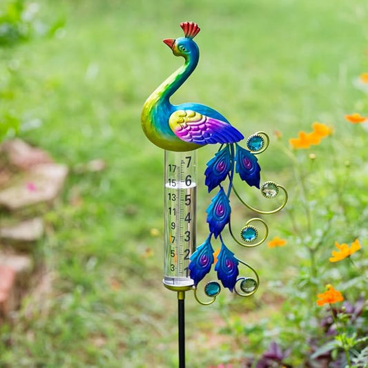 Peacock Rain Gauge Outdoor 36.6" Solar Powered Large Rain Gauges Freeze Proof Water Gauge with Metal Stakes Decorative for Garden,Lawns,Patio
