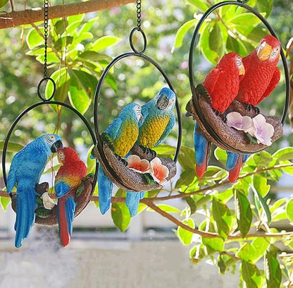 Mini Garden Statues Hanging Iron Ring Parrots, Resin Parrot Hanging Statue, Hanging Birds Figurine for Pathways Yard Patio Office Home Indoor Outdoor Tree Decorations (B-2)