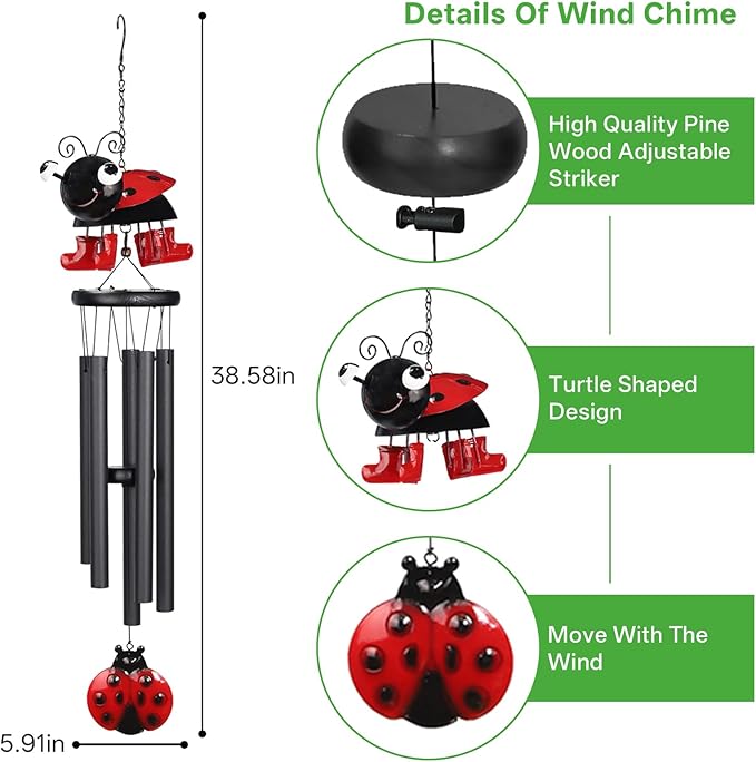 Ladybug Wind Chimes for Outside Metal Cute Beetle with Spinning Feet, Black Aluminum Tubes, Garden Yard Hanging Decor Wind Chimes, for Women, Men, Kids and Nature Lovers