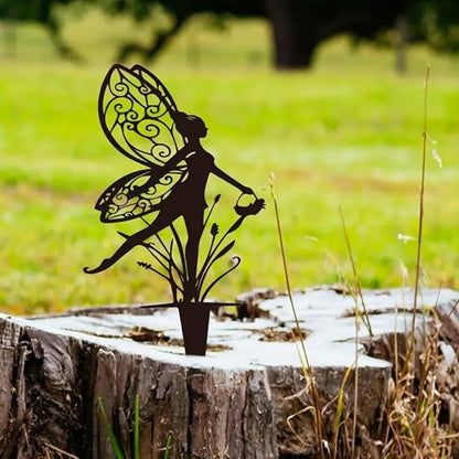 Outdoor Flower Fairies Terrace Iron Art Silhouette Ornament Crafts Garden Metal Outdoor Decoration Lawn Patio (B)